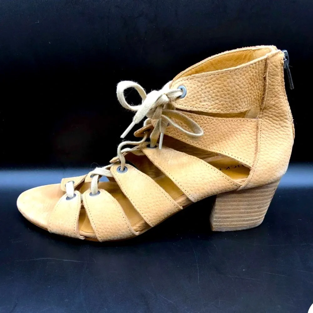 Lucky Brand Suede Open Toe Block Stacked Heel Brown Front Lace  Zip Back Shoe 6 - Picture 4 of 10